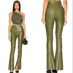 Norma Kamali Pant Legging High Rise Flared Leather Stretch Spat Olive Spat